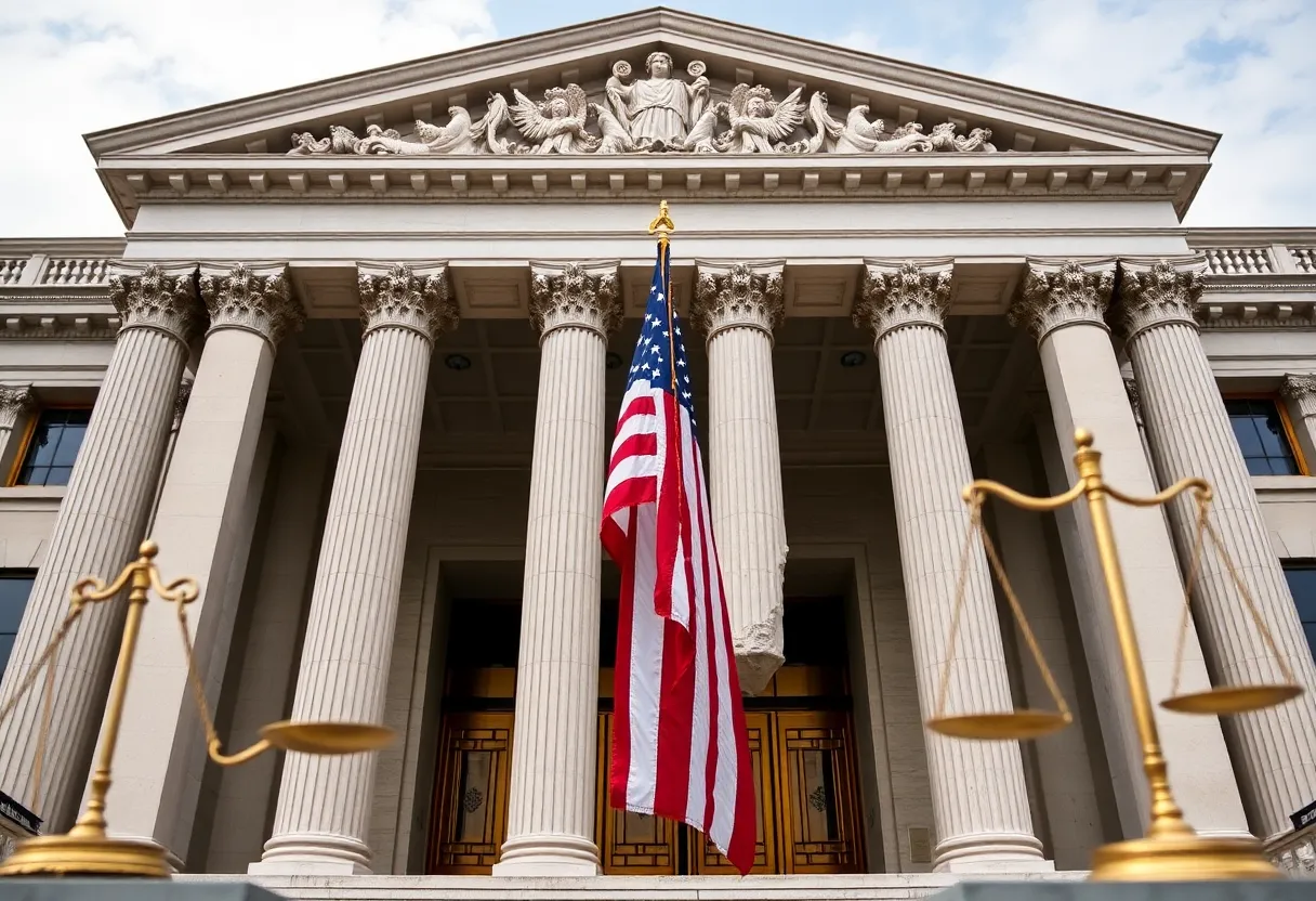 Facade of a federal courthouse with American flag