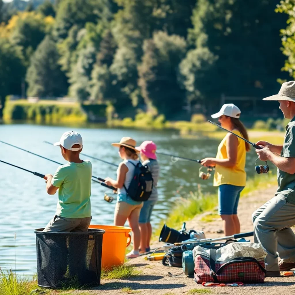 Families enjoying Free Fishing Day by the lake