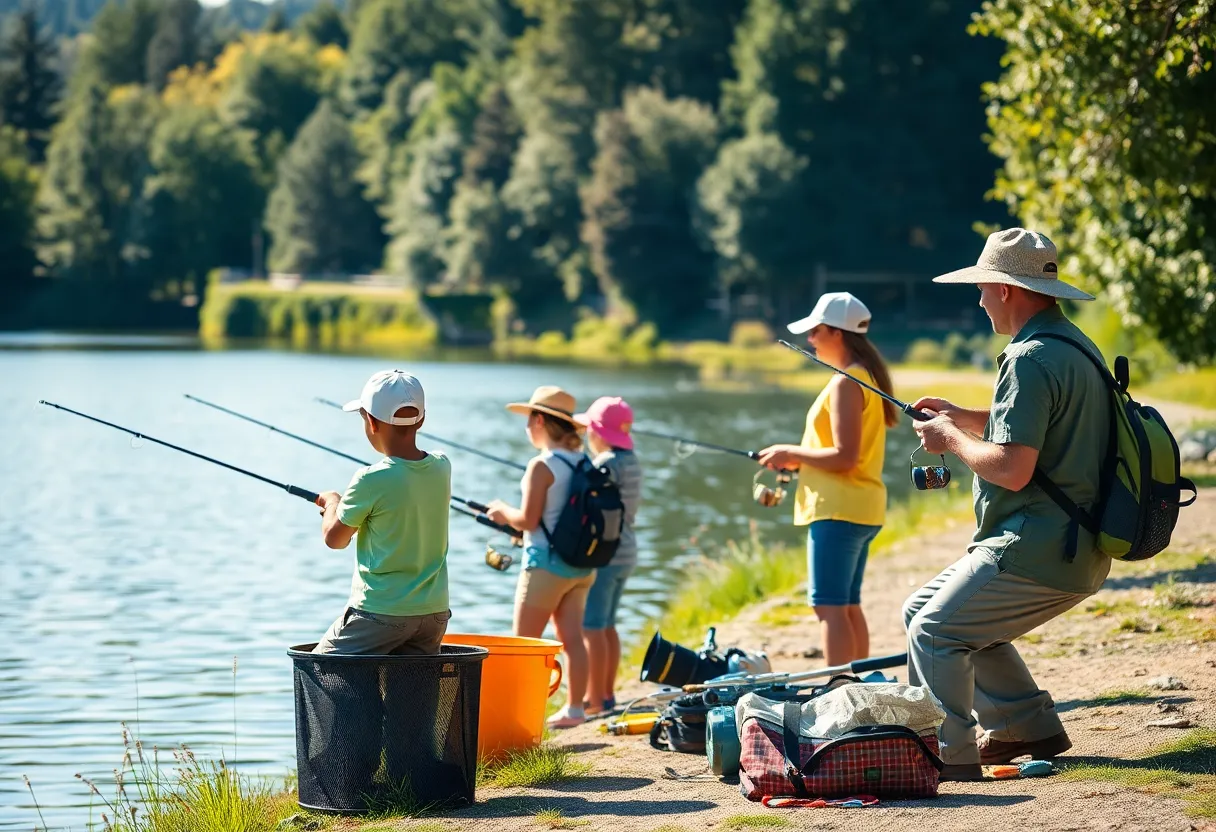 Families enjoying Free Fishing Day by the lake