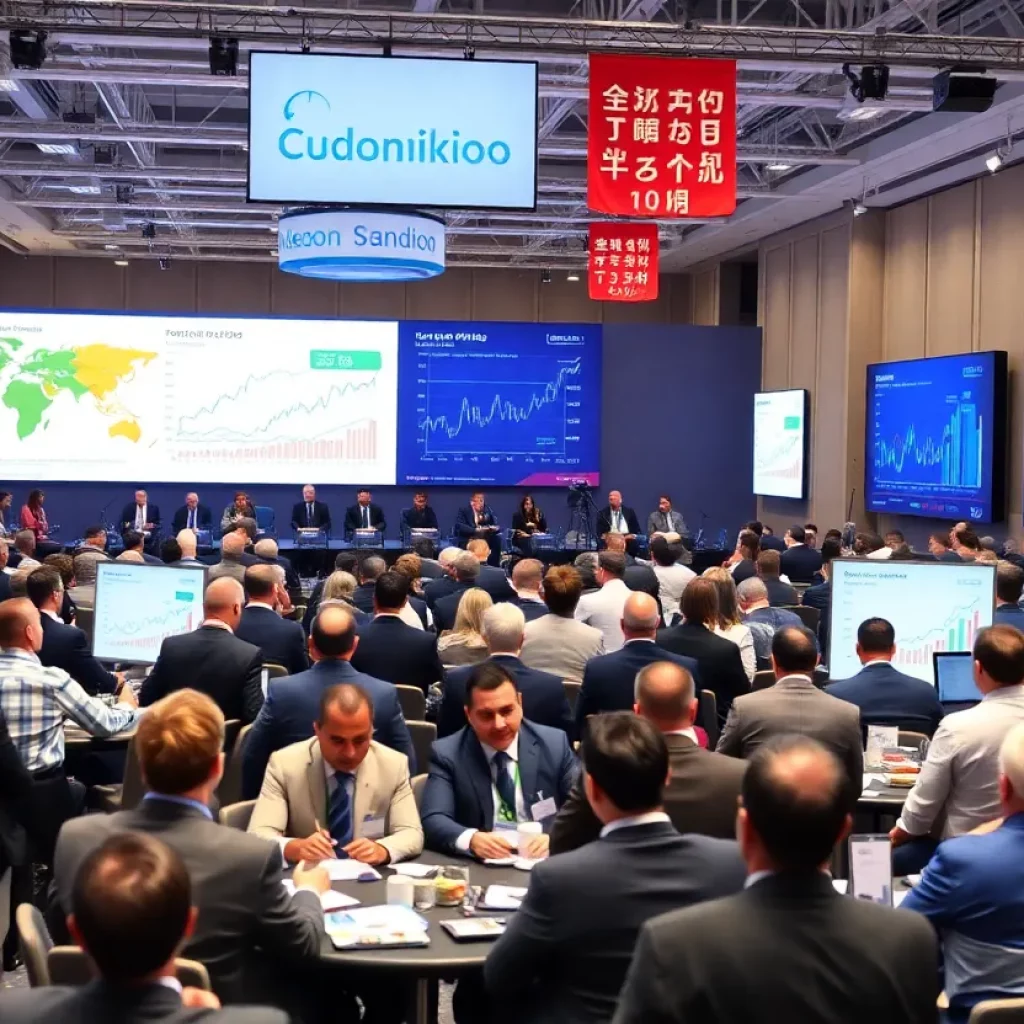Attendees at a global business conference discussing trade policies.