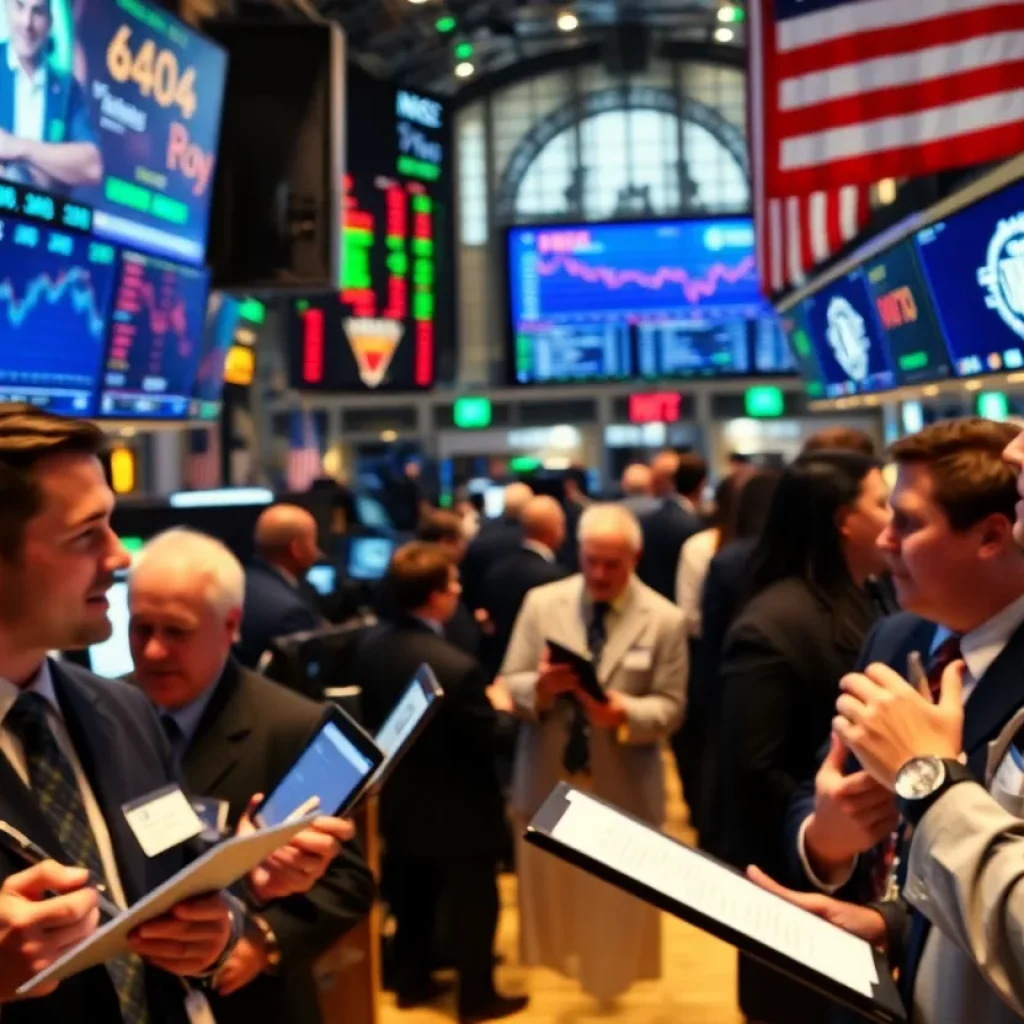 Traders in a bustling stock market reacting to news of a potential trade deal.