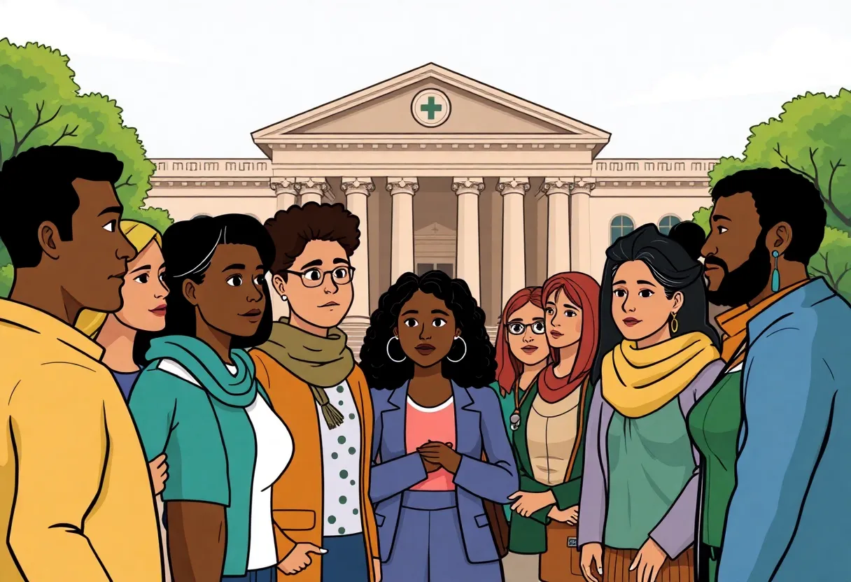 People discussing healthcare access outside a government building