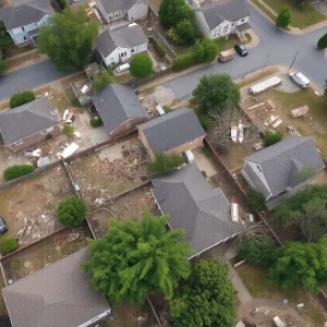 A view of destruction caused by an EF-2 tornado in Gurley Alabama with damaged homes and scattered debris.
