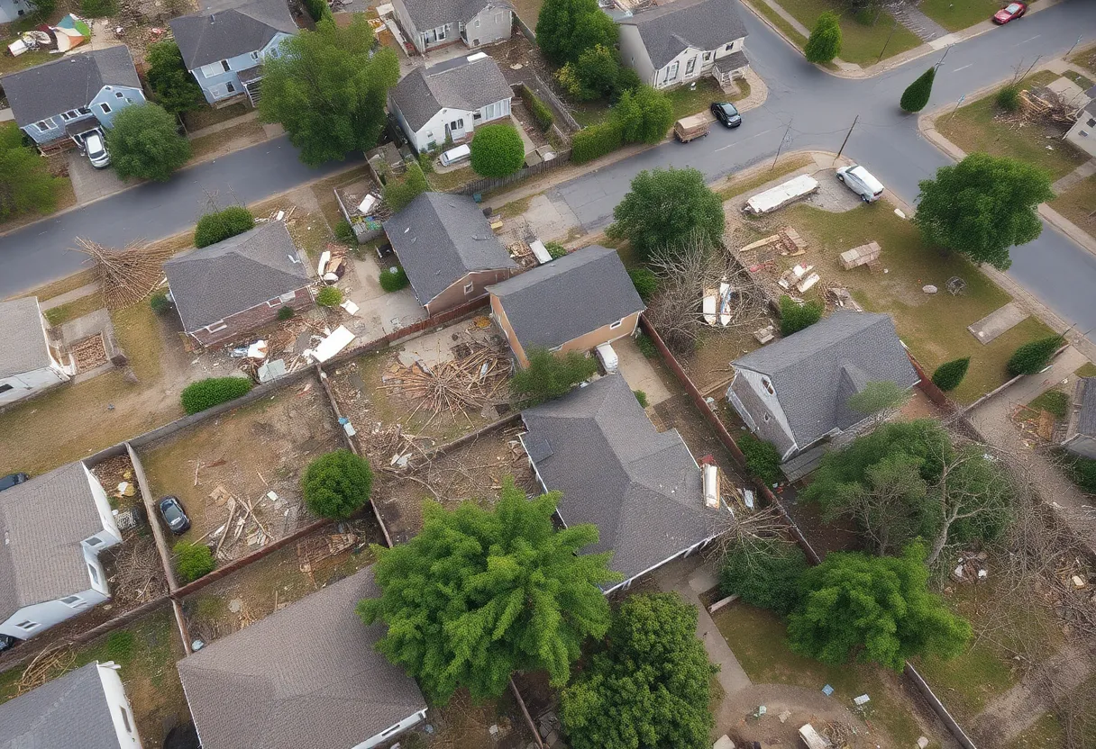A view of destruction caused by an EF-2 tornado in Gurley Alabama with damaged homes and scattered debris.