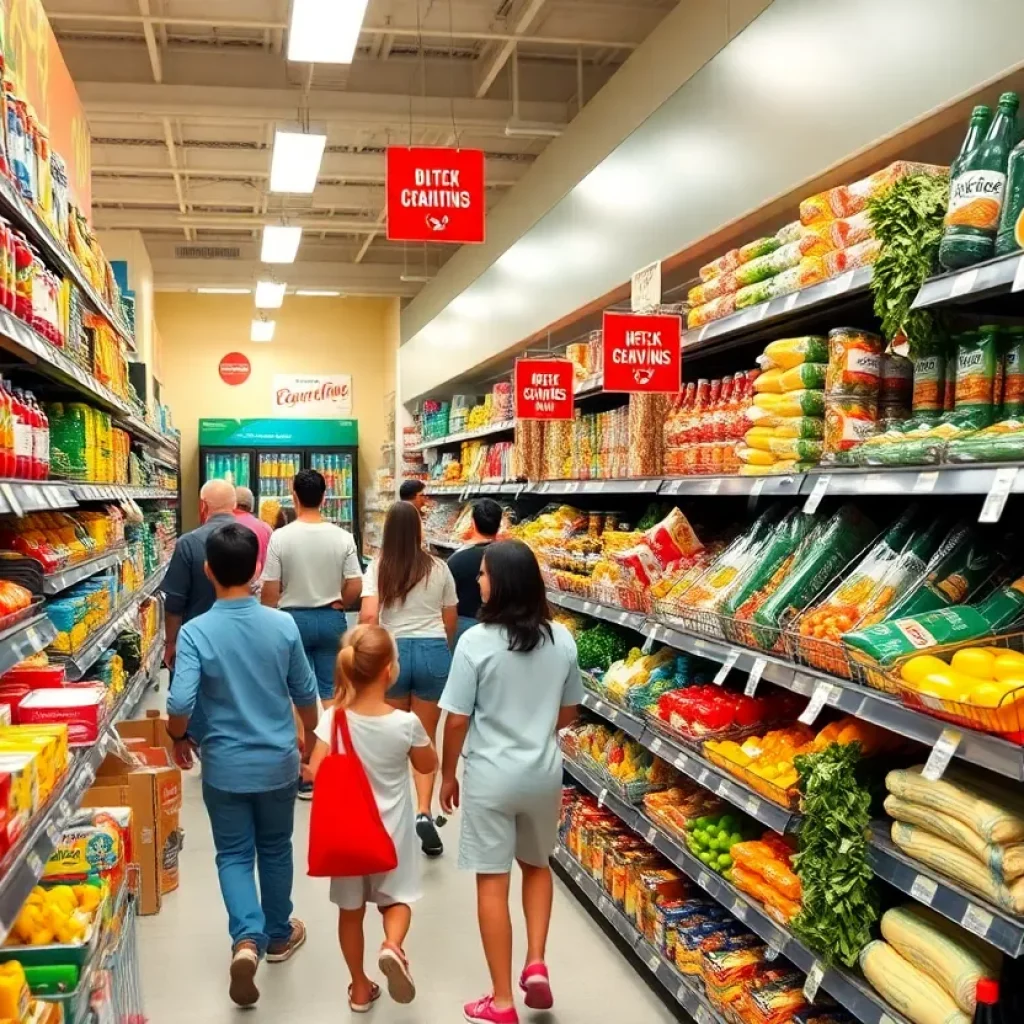 Grocery store aisle with healthy food options and restricted soda signs