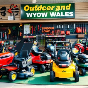 Outdoor power equipment dealership displaying various lawn care products