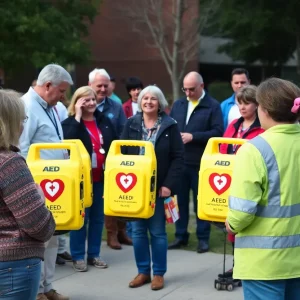 Community members gather around AEDs at a fundraising event in Huntsville.