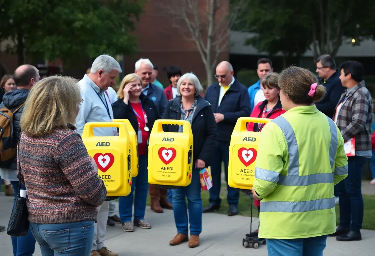 Community members gather around AEDs at a fundraising event in Huntsville.