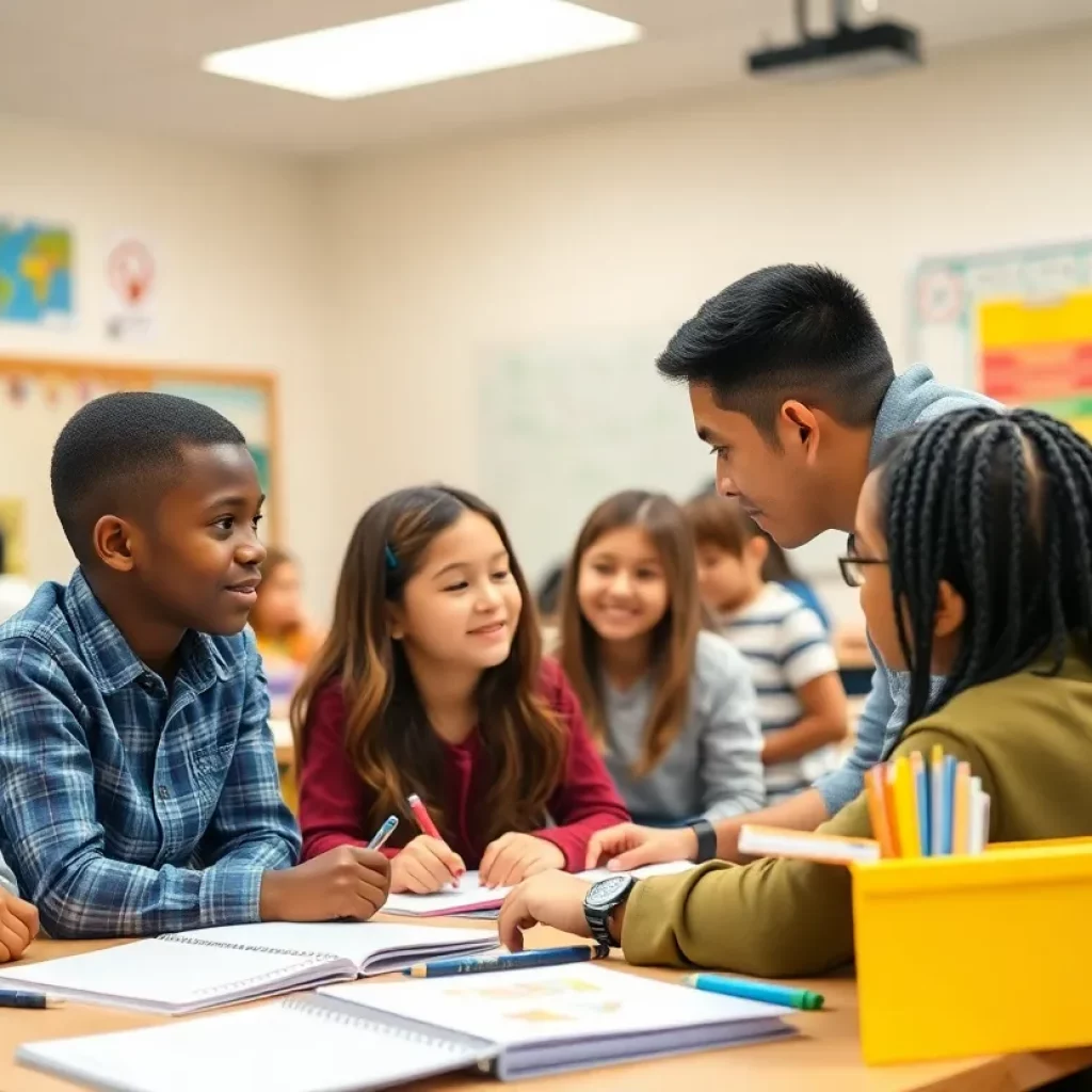 Students collaborating in a diverse classroom environment.
