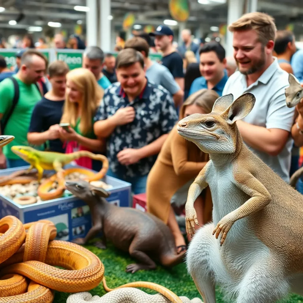 Attendees interacting with exotic pets at the Huntsville Exotic Pet Expo