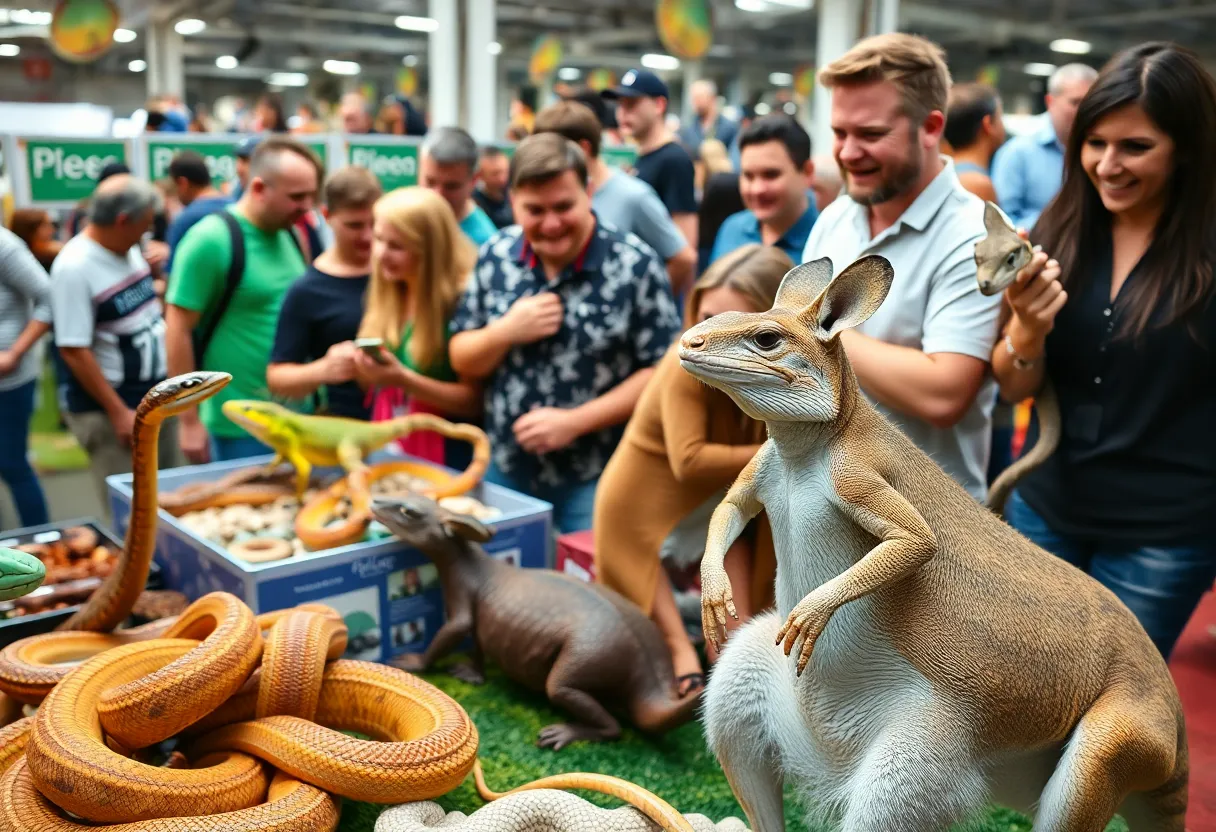 Attendees interacting with exotic pets at the Huntsville Exotic Pet Expo