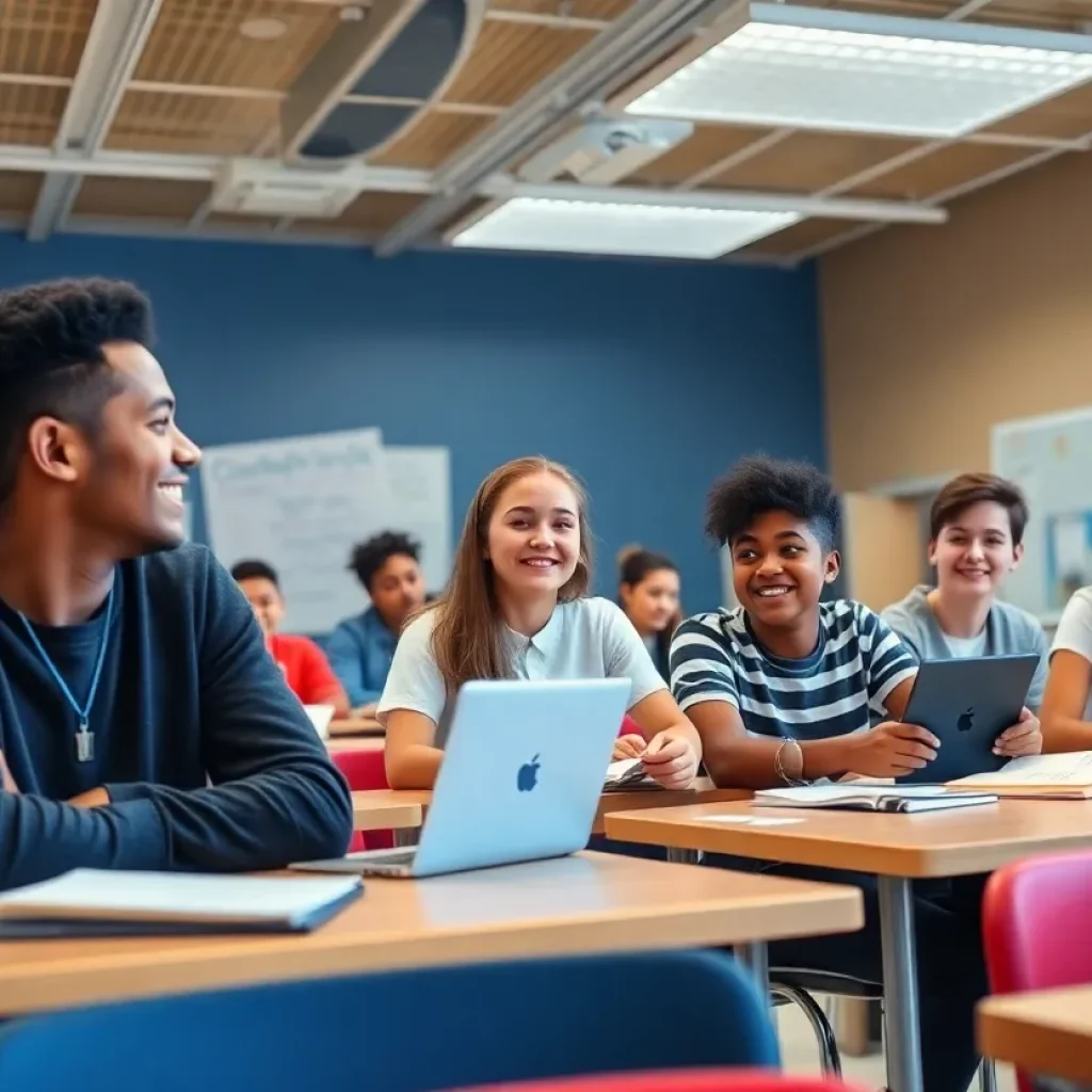 Engaged students collaborating in a classroom in Huntsville high school.