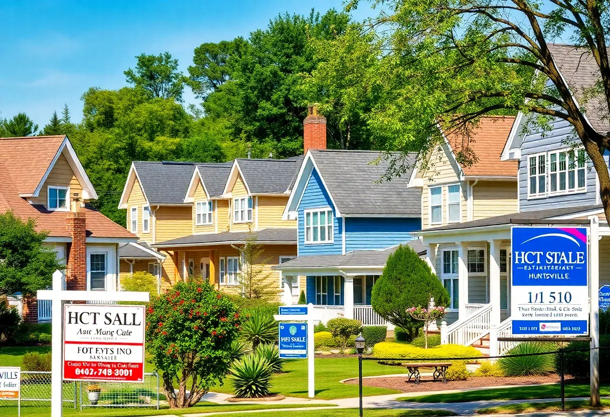A variety of homes and real estate signs in a thriving Huntsville neighborhood.