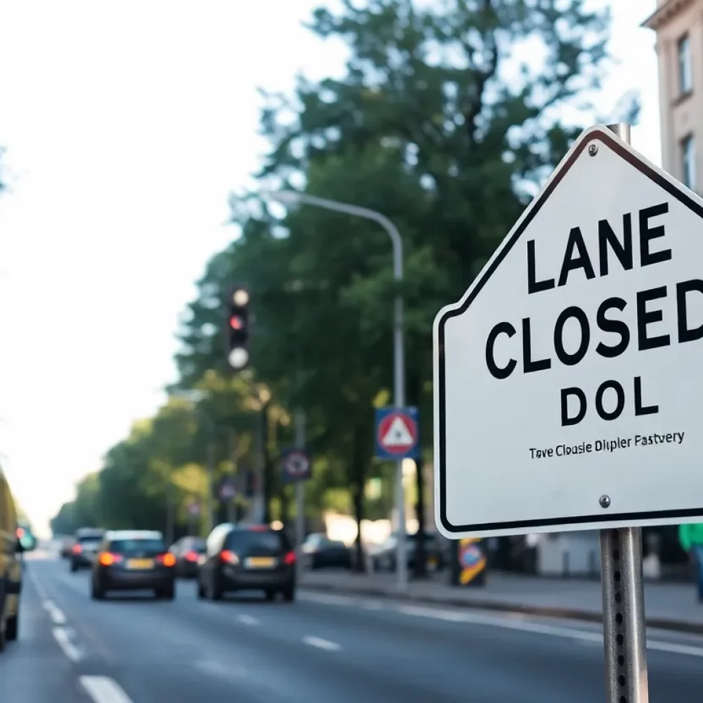 Lane closure signage on Governors Drive in Huntsville for tree maintenance