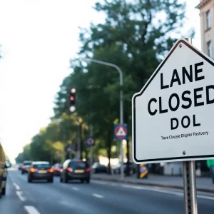 Lane closure signage on Governors Drive in Huntsville for tree maintenance