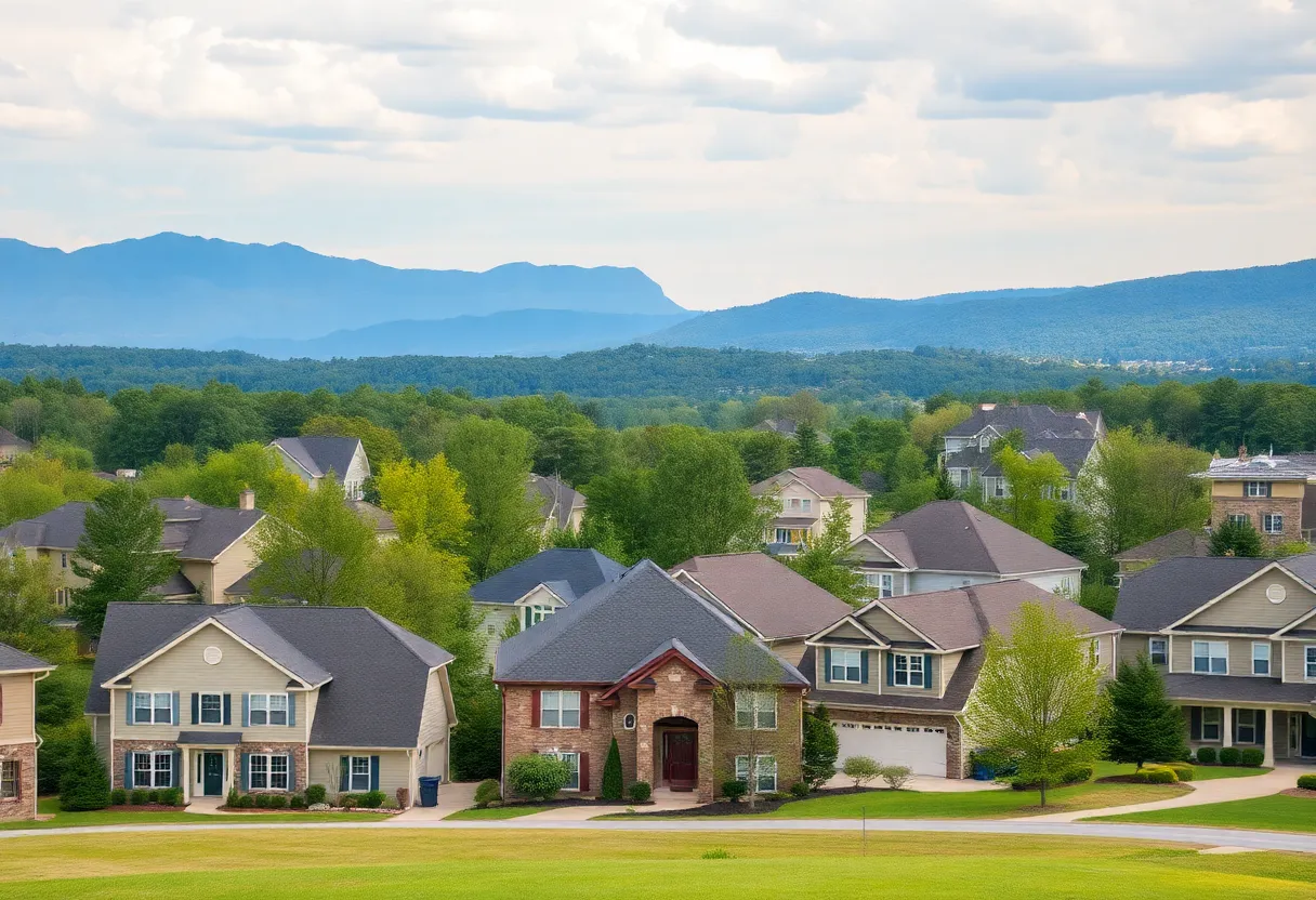 A picturesque view of residential homes in Huntsville, Alabama, displaying diverse house styles against a natural backdrop.