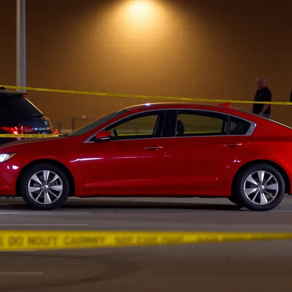 Police at the scene of the Huntsville shooting incident involving a red sedan.