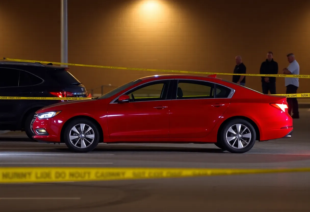 Police at the scene of the Huntsville shooting incident involving a red sedan.