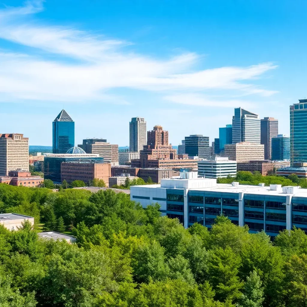 Skyline of Huntsville Alabama featuring modern architecture and green spaces.