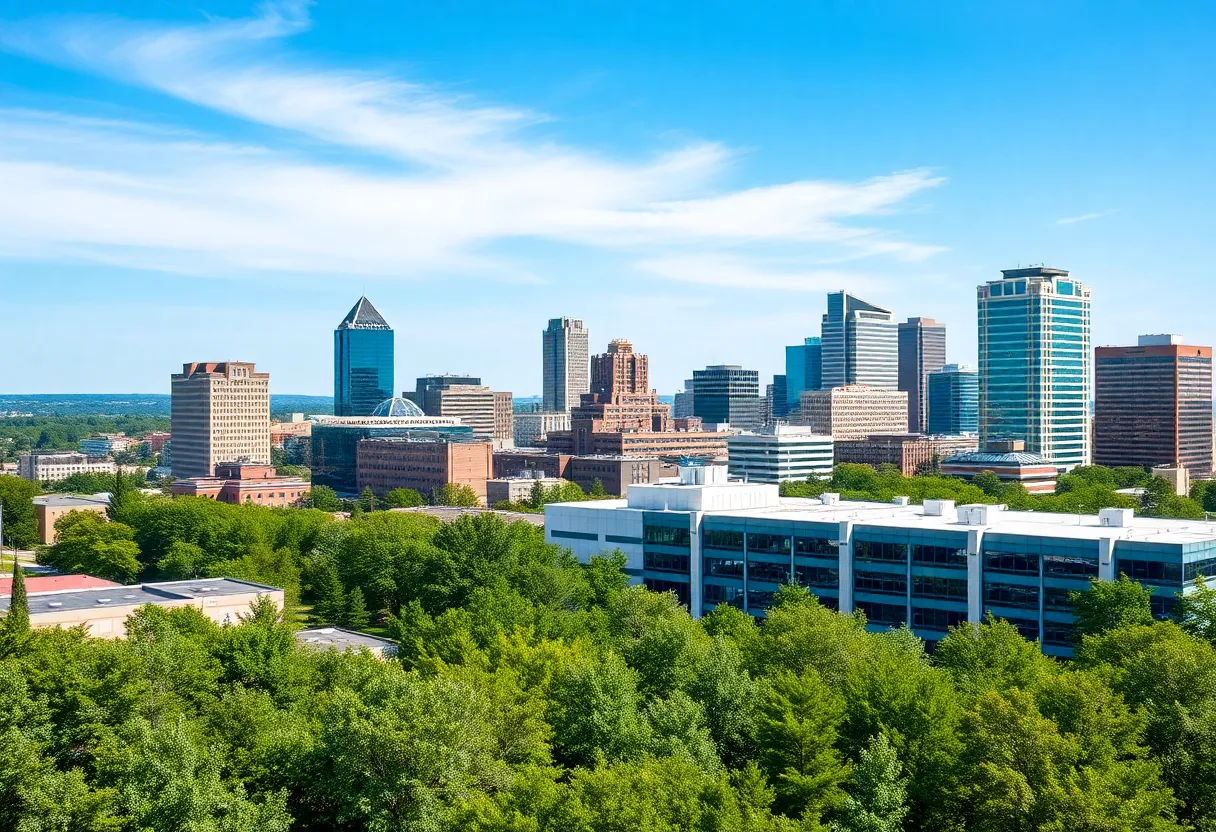 Skyline of Huntsville Alabama featuring modern architecture and green spaces.