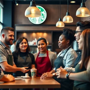 Diverse baristas collaborating at a Starbucks café in Huntsville.
