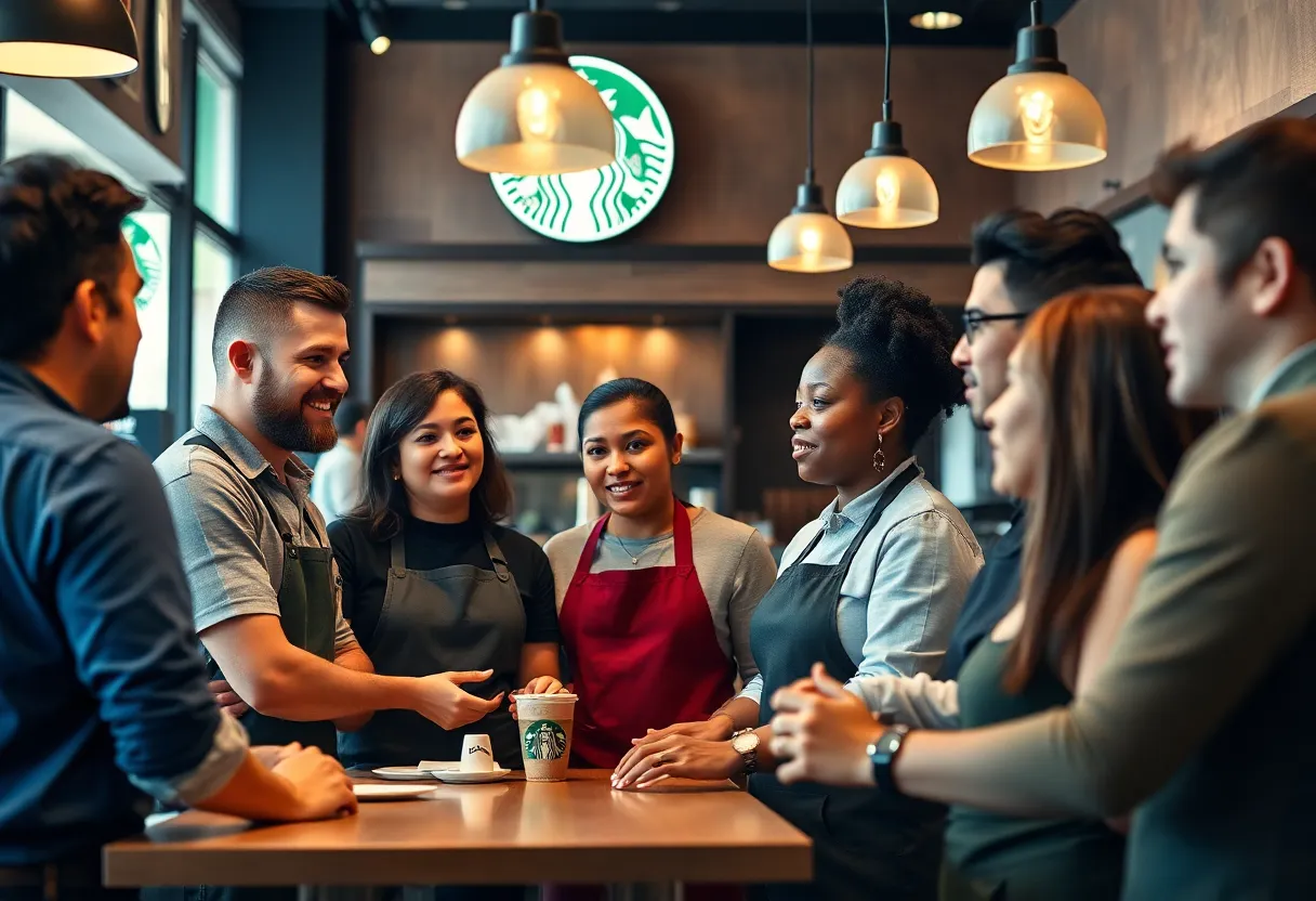 Diverse baristas collaborating at a Starbucks café in Huntsville.