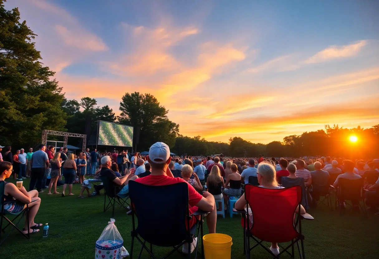 Families enjoying an outdoor concert in Huntsville at sunset