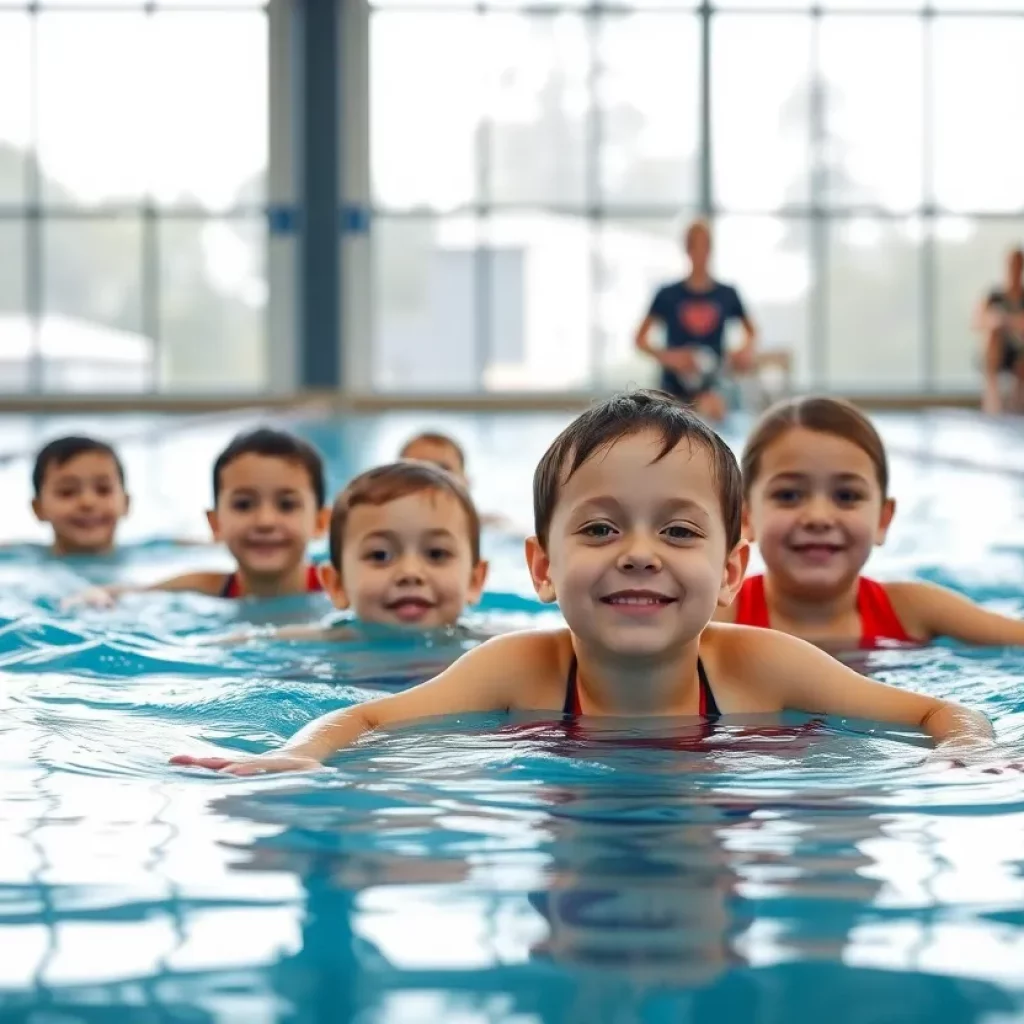 Kids participating in swimming lessons under the supervision of instructors.
