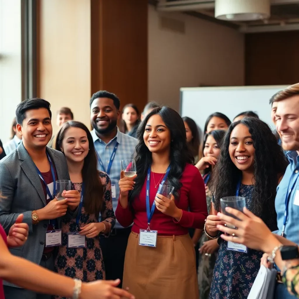 Group of young professionals celebrating their achievements at an awards ceremony.