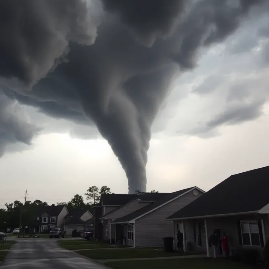 A tornado looming over the suburbs of Huntsville, Alabama, with dark storm clouds