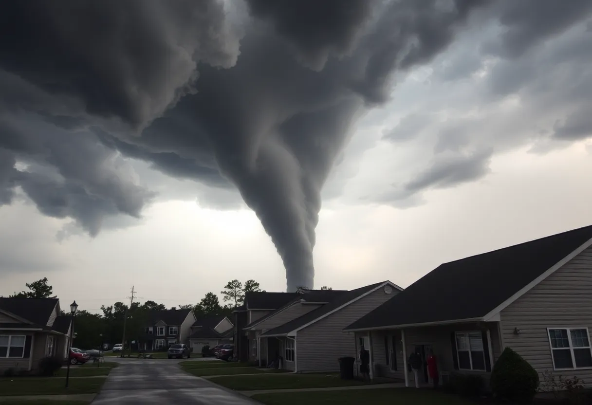 A tornado looming over the suburbs of Huntsville, Alabama, with dark storm clouds