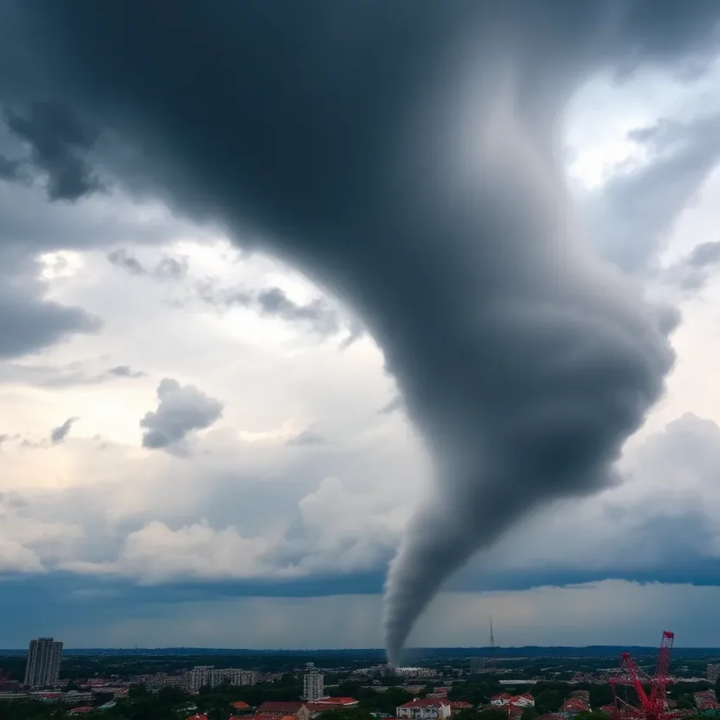 A tornado funnel cloud forming over Huntsville, Alabama
