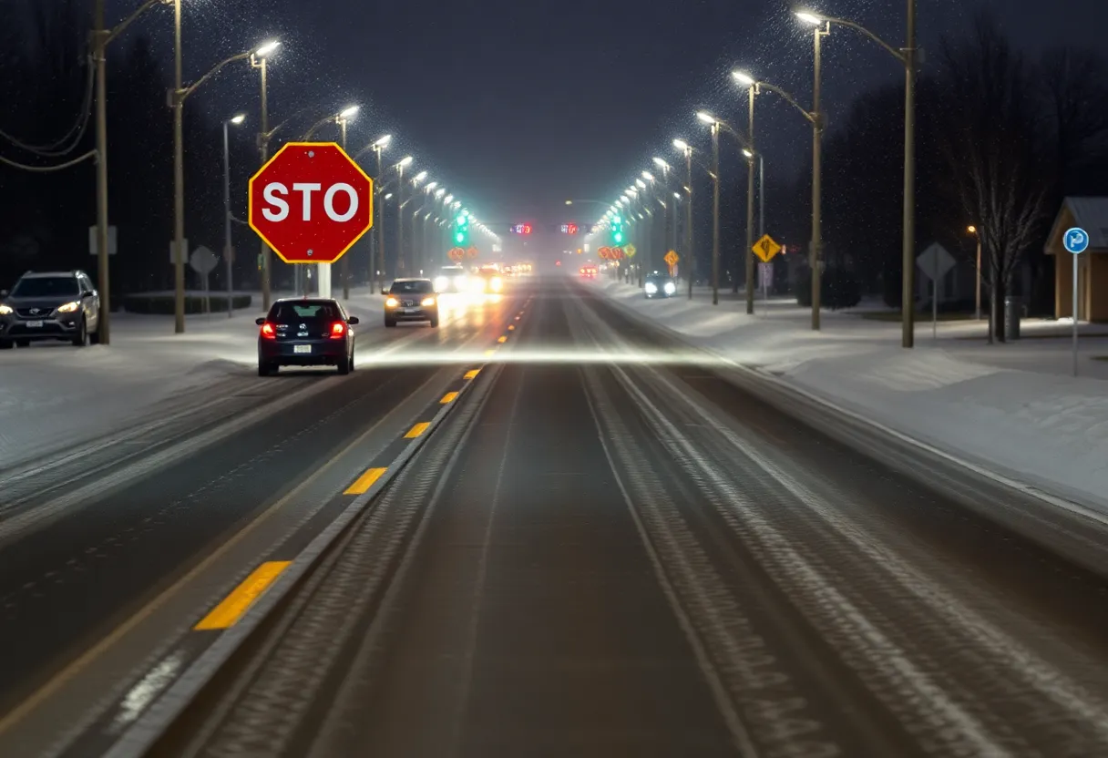 Nighttime snowy street in Huntsville with caution signs for black ice
