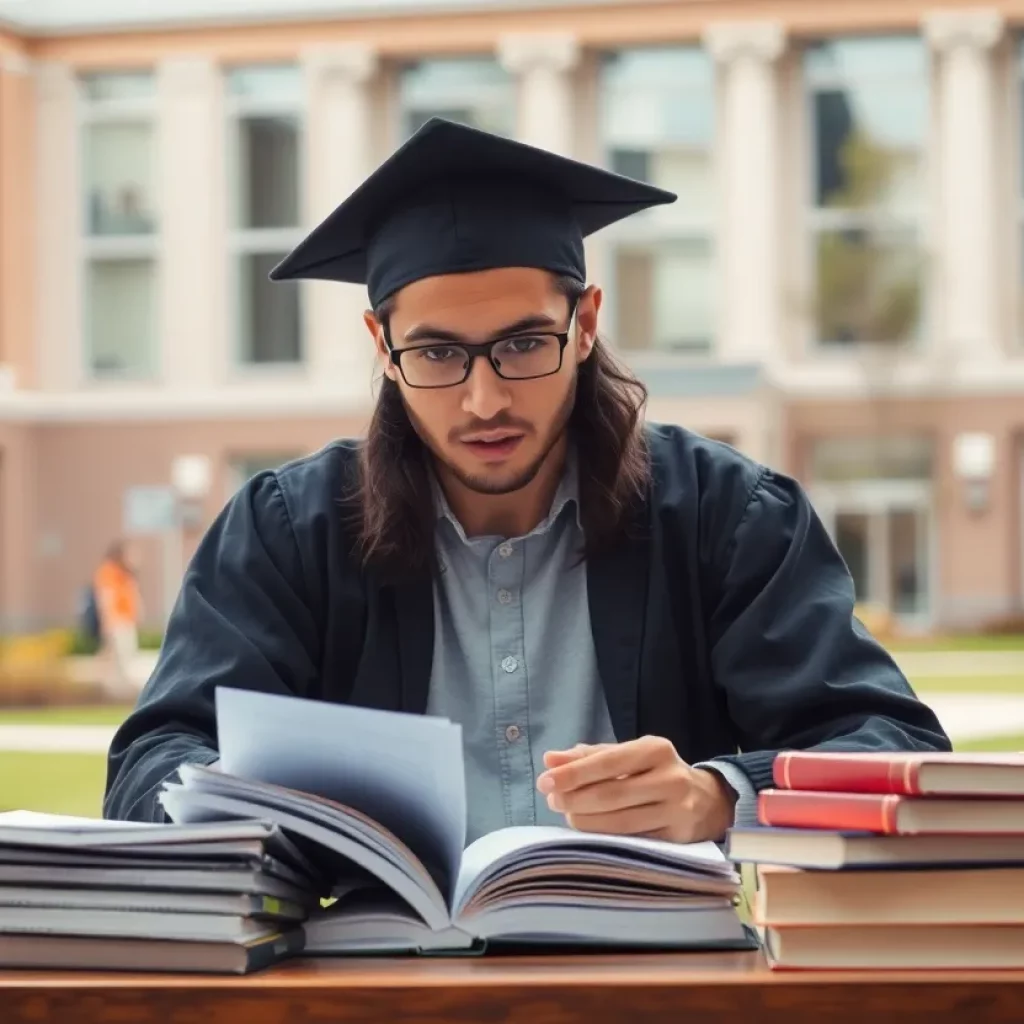 Graduate student surrounded by study materials, reflecting uncertainty.