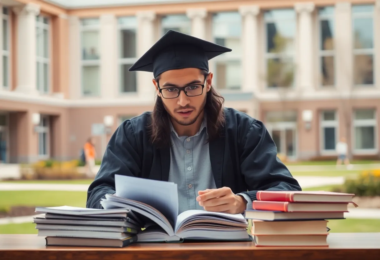 Graduate student surrounded by study materials, reflecting uncertainty.