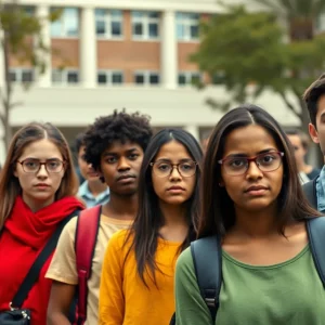 Group of concerned students on a university campus