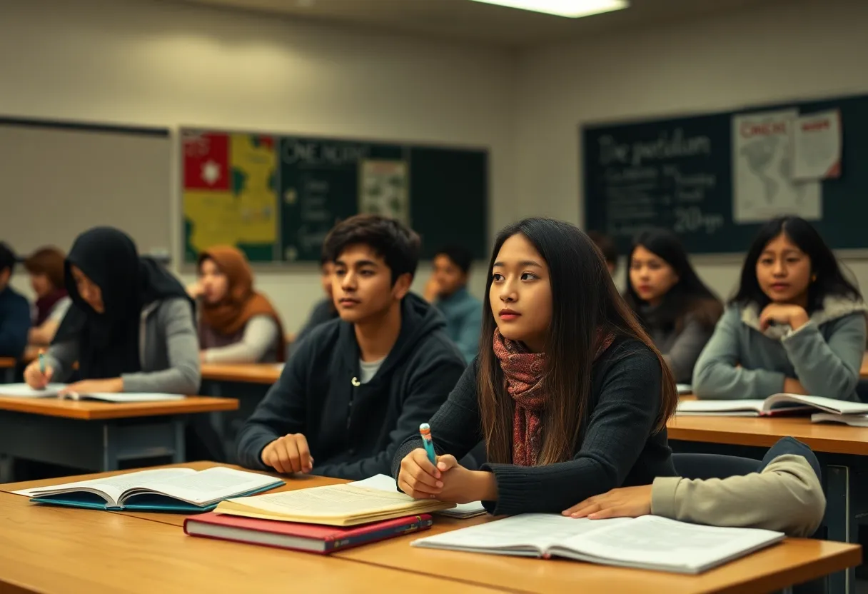 A group of international students studying together in a classroom
