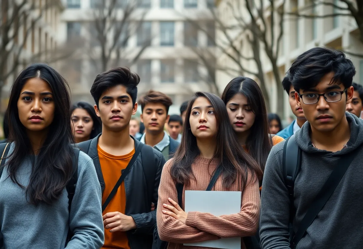 Diverse group of international students looking concerned on campus