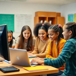 Girls collaborating in a tech classroom environment