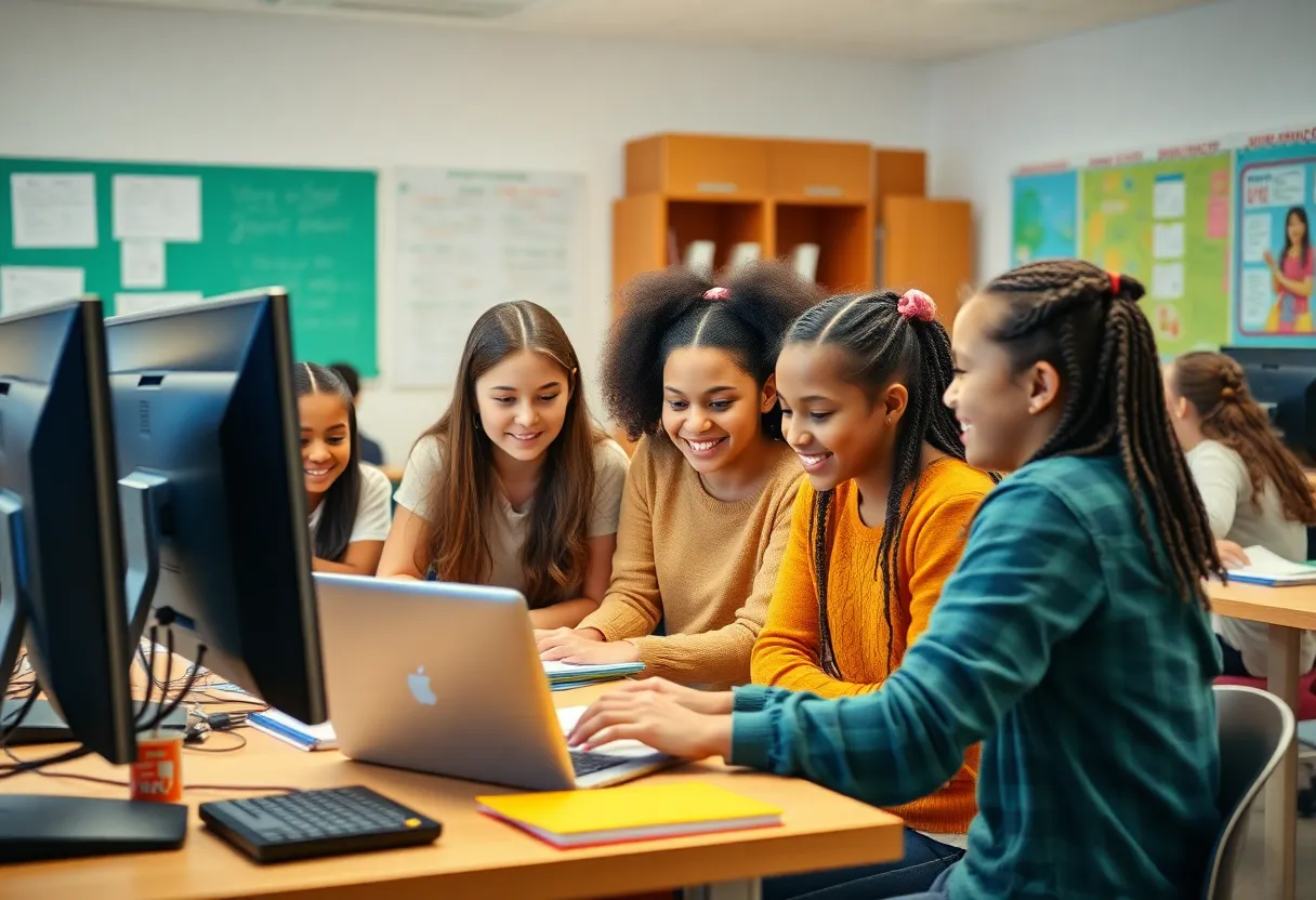 Girls collaborating in a tech classroom environment