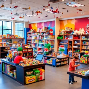 Interior view of Huntsville's first LEGO Store with interactive displays.