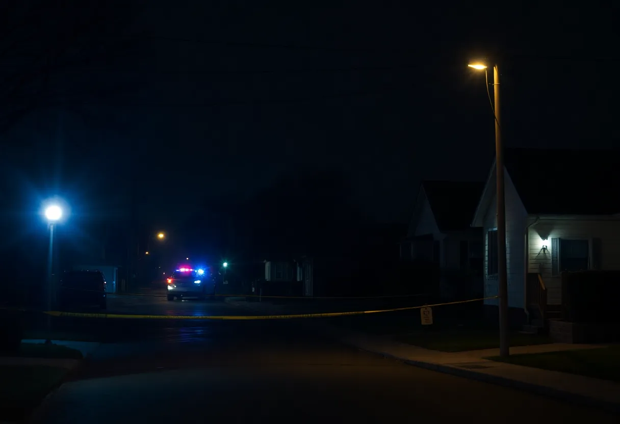 Police lights illuminating a dark suburban street during a crime investigation.