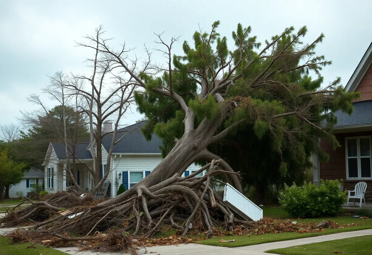 Aftermath of a tornado in Madison County showing damaged homes and fallen trees.