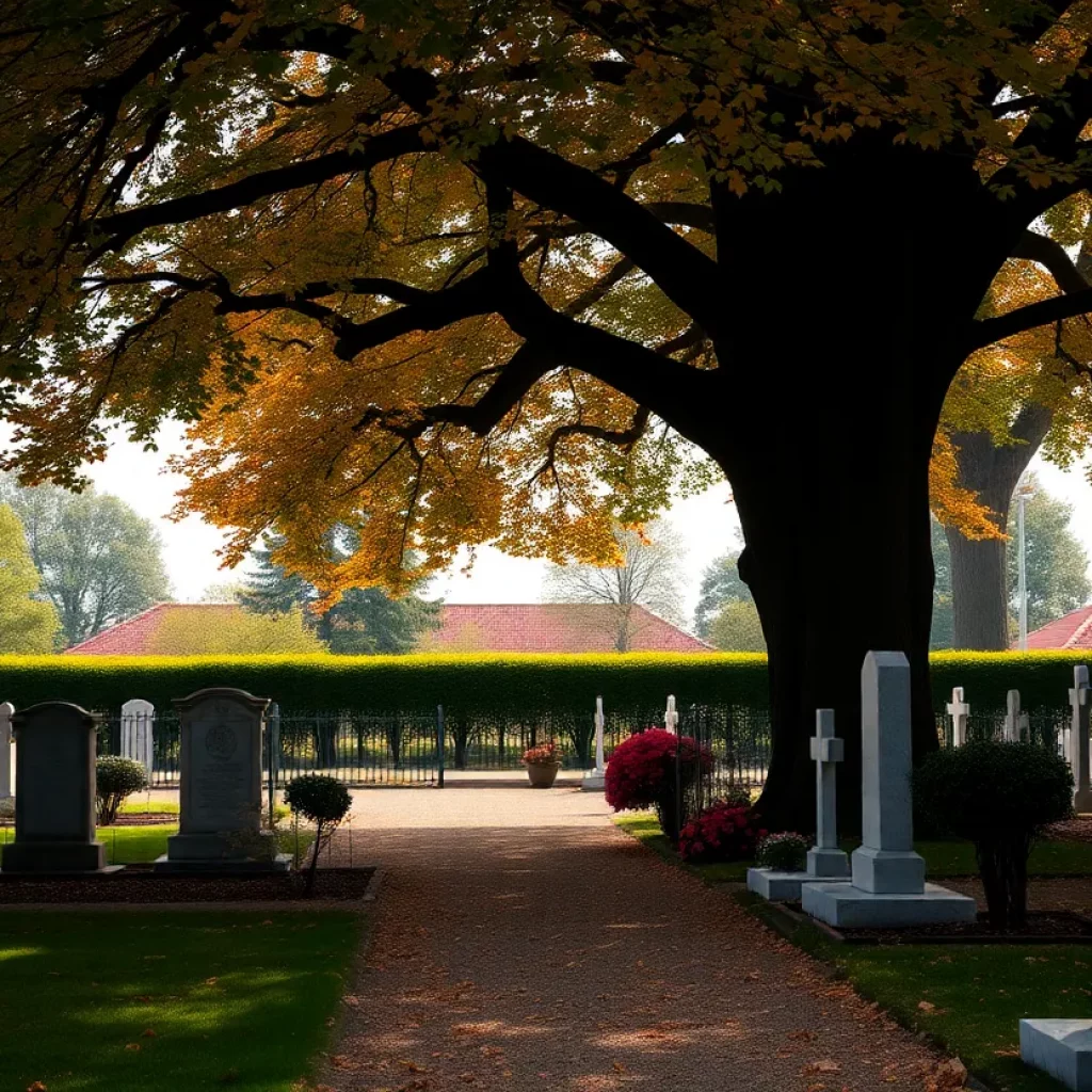 Cemetery view with flowers and trees, symbolizing a memorial service.