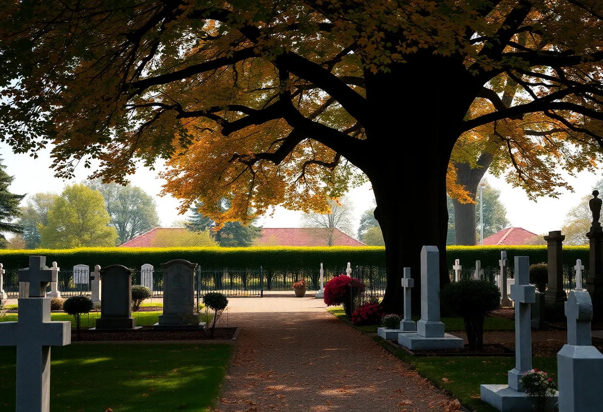 Cemetery view with flowers and trees, symbolizing a memorial service.