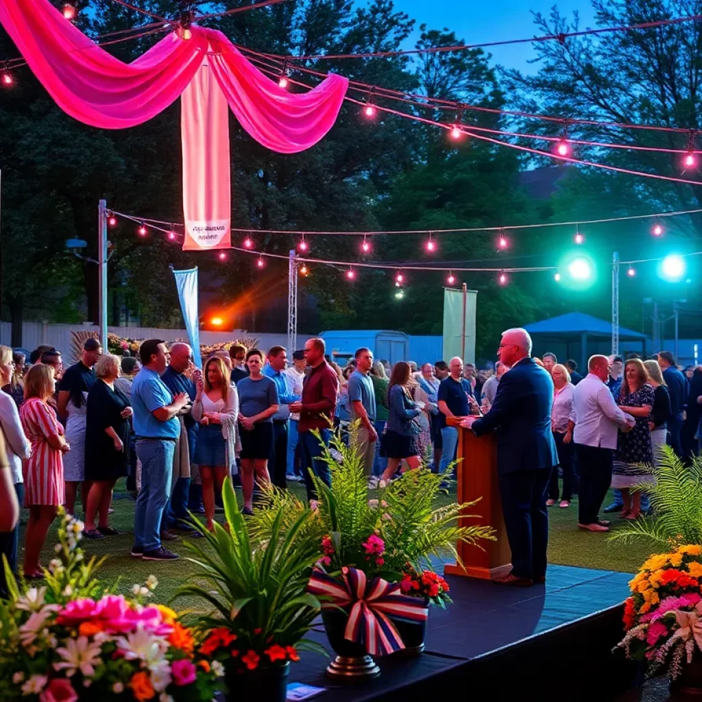 Community event in Huntsville with banners for Moms For Liberty
