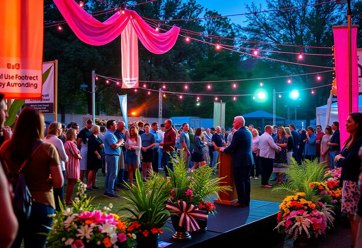 Community event in Huntsville with banners for Moms For Liberty