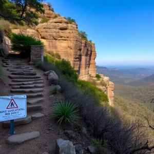 Hiking trail at Monte Sano Nature Preserve with scenic views and warning sign