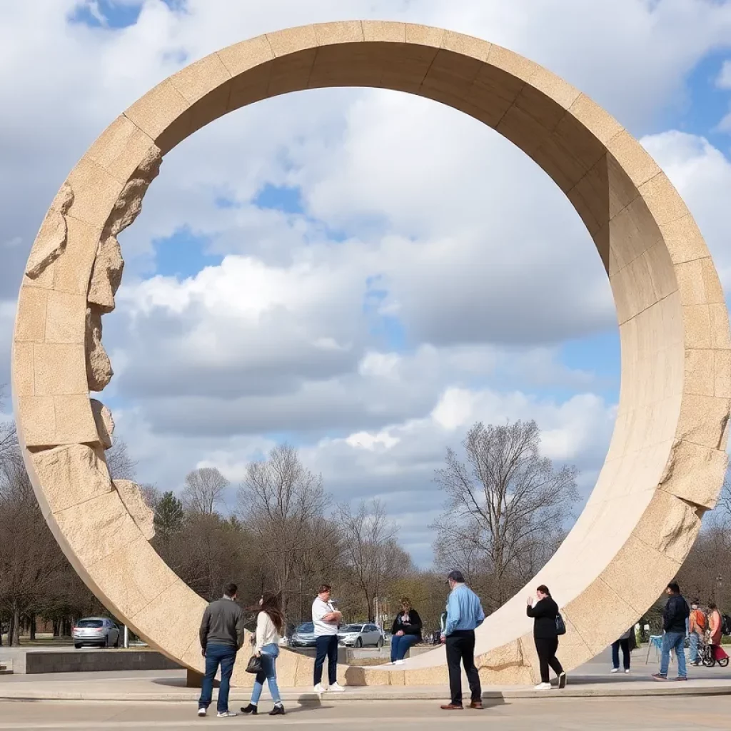 A view of the Moon Gate sculpture outside Huntsville Hospital