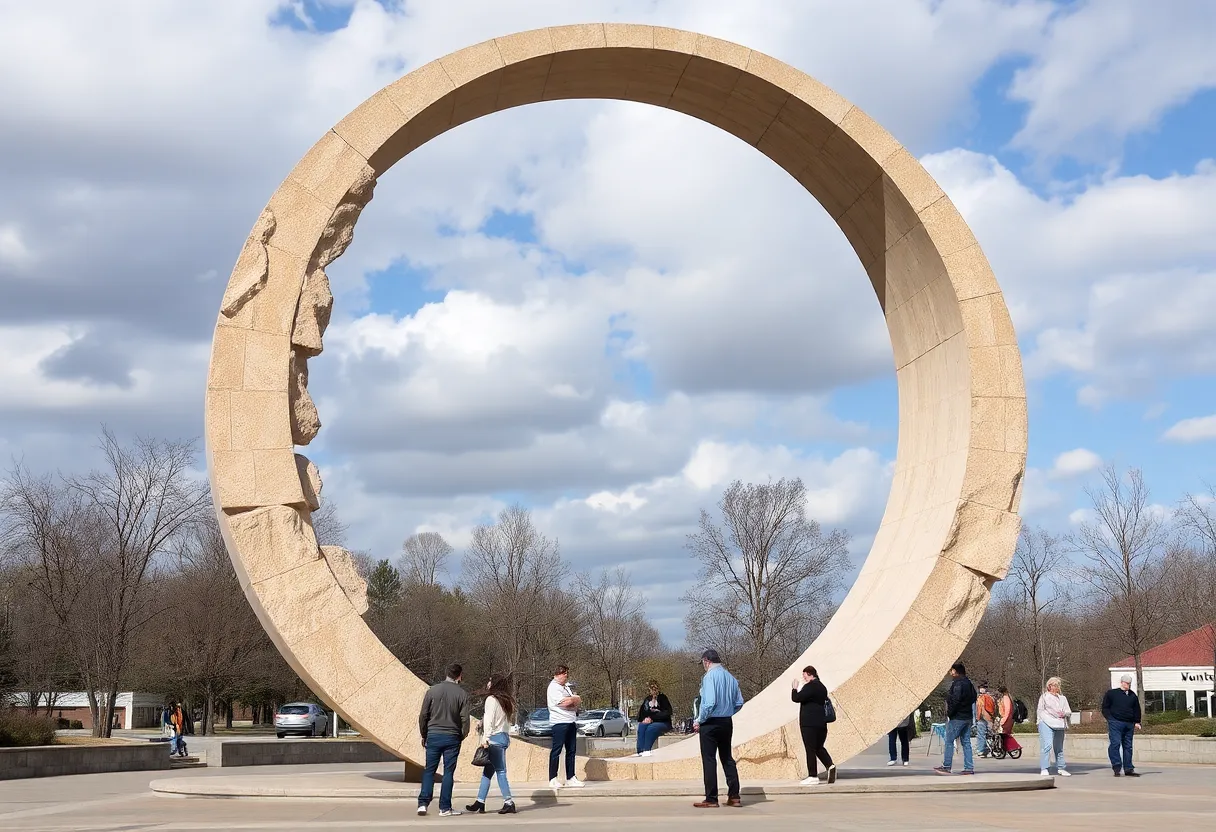 A view of the Moon Gate sculpture outside Huntsville Hospital